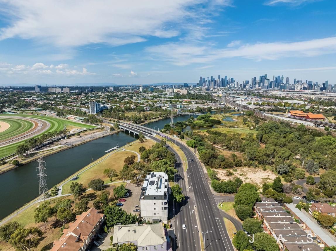 Aerial view of Footscray with Melbourne skyline