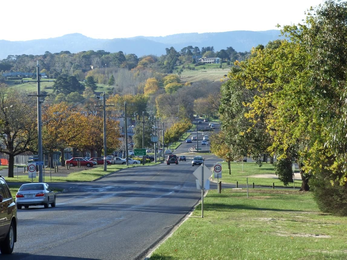 Tree-lined street in Gisborne with the Macedon Ranges beyond