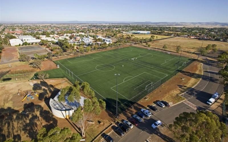 Aerial view of Kurunjang, Melton, with sports reserve and homes