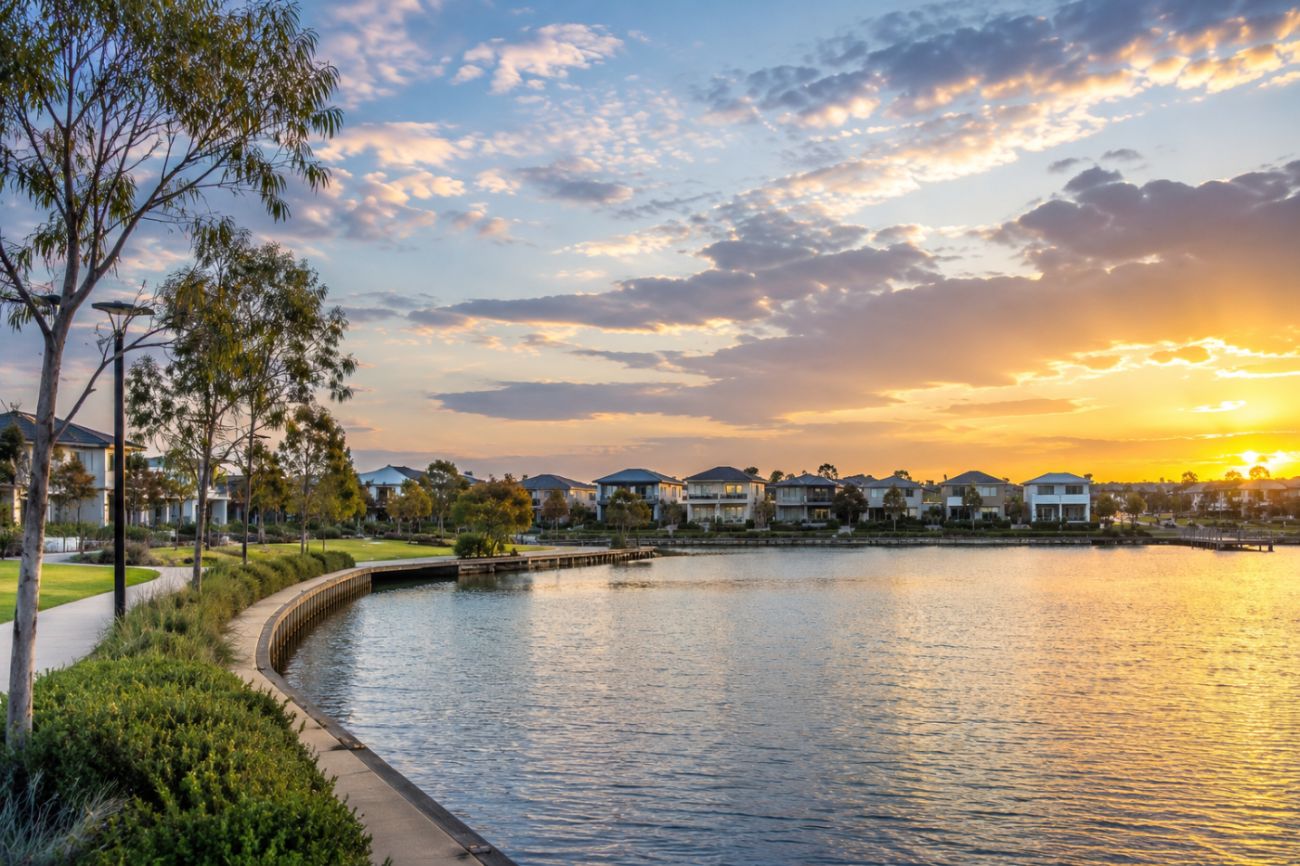 Manor Lakes waterfront homes at sunset