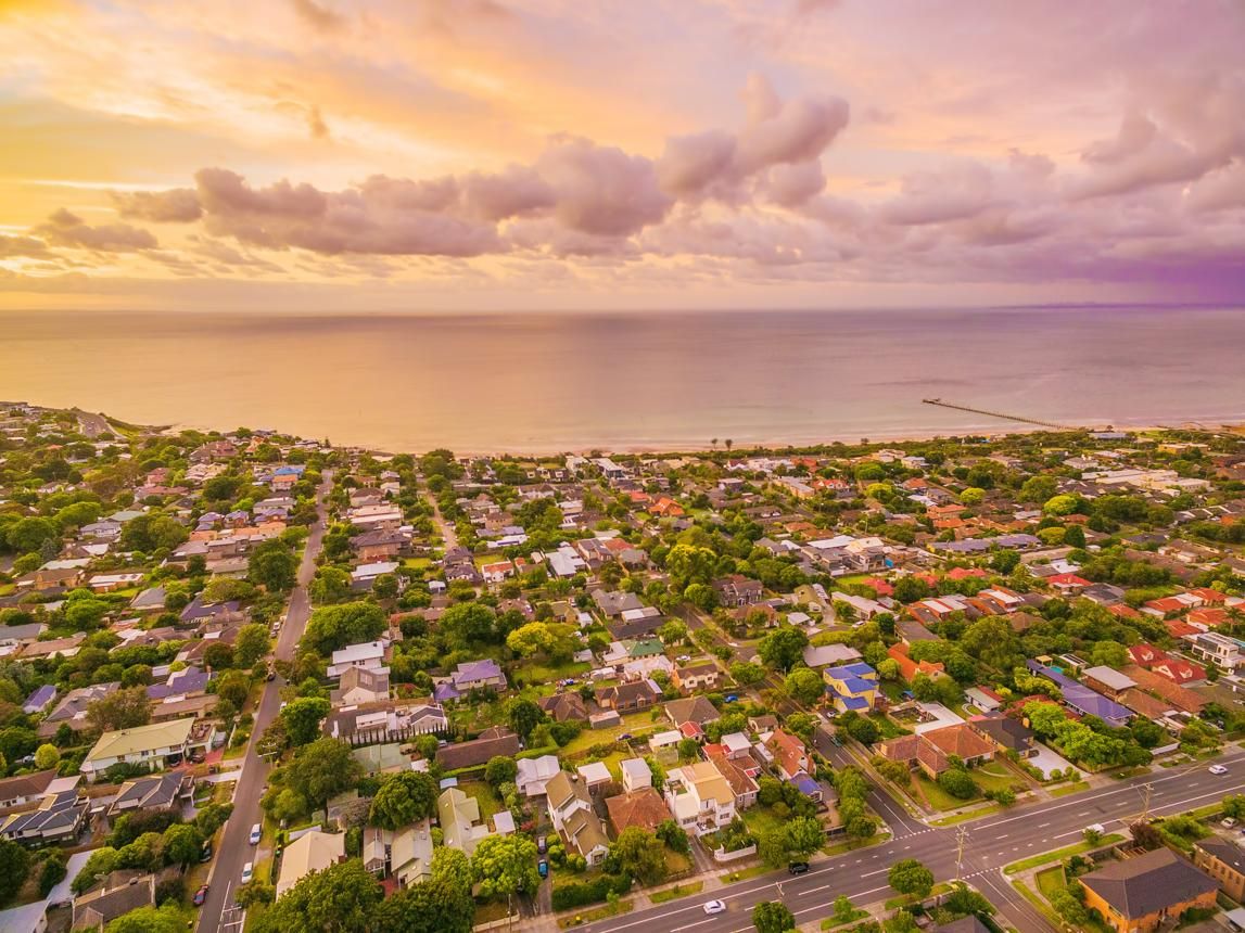 Aerial view of Point Cook coastline at sunset