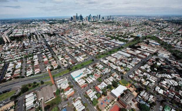 Aerial view of Sunshine with Melbourne skyline