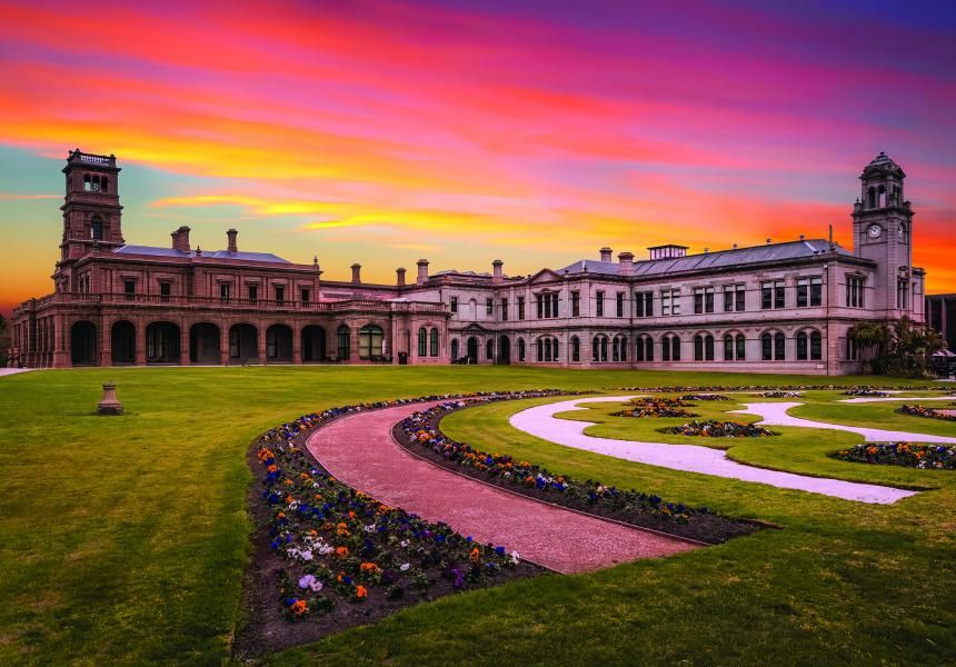 Werribee Mansion and gardens at sunset